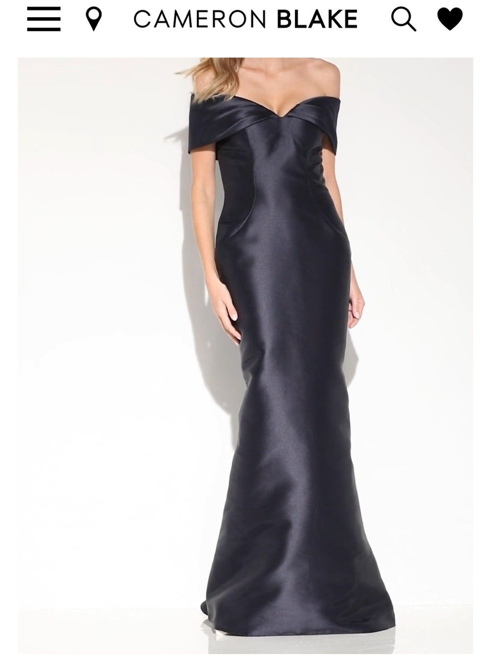 Cameron Blake Off-Shoulder Navy Satin Mermaid Gown